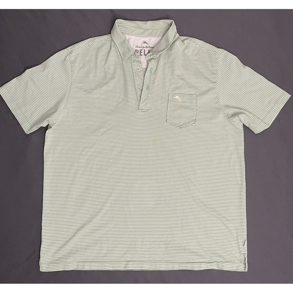 Tommy Bahama Relax Mens Button Up Shirt Green Striped Large XL Short Sleeve